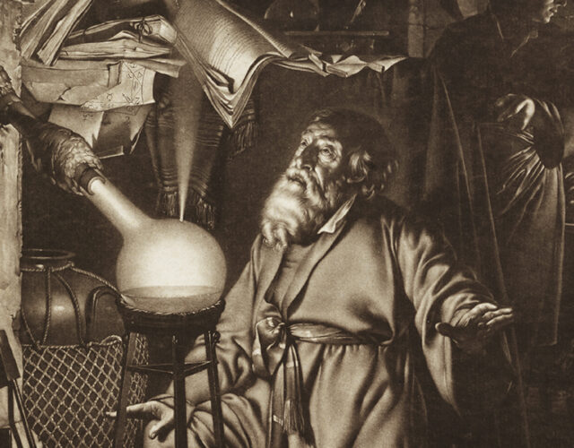 Black and white lithograph of a painting showing an old man in robes on his knees being illuminated by a substance in a set of early chemical equipment