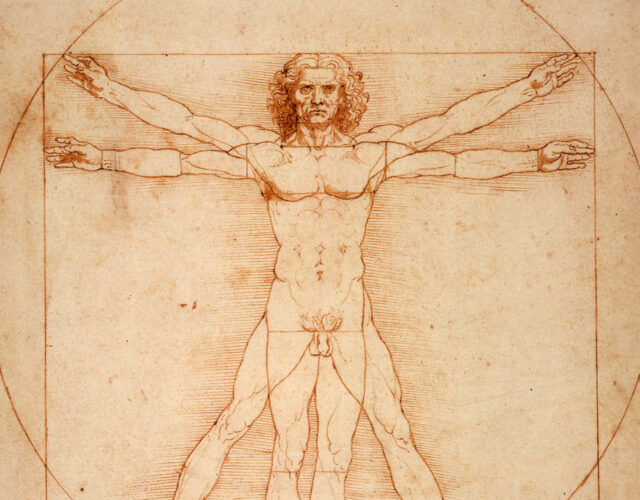 Drawing by Leonardo da Vinci of a man inside a circle with outstretched arms and legs